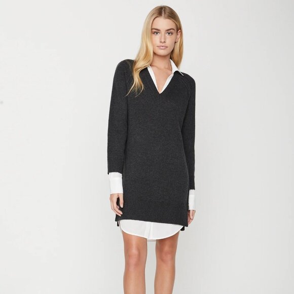 Brochu Walker Looker Layered V-Neck Dress, Charcoal & White, XS - Picture 1 of 9
